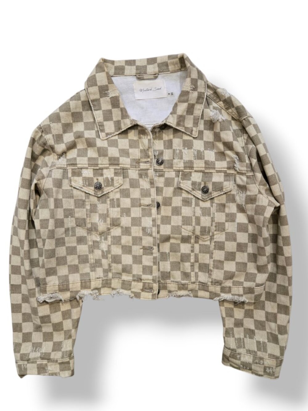 Distressed Tan Crop Trucker Jacket size M LV Print Mustard Seed Neutral Beige